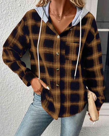 Plaid Drawstring Button Up Hooded Jacket