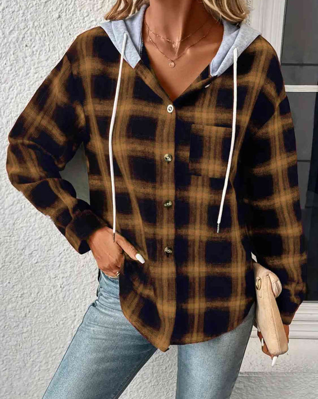 Plaid Drawstring Button Up Hooded Jacket