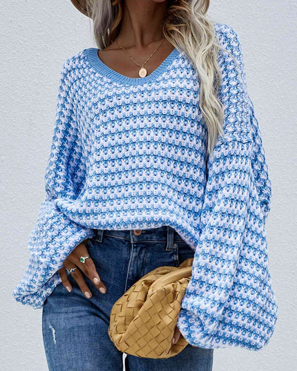 Striped Drop Shoulder V-Neck Pullover Sweater