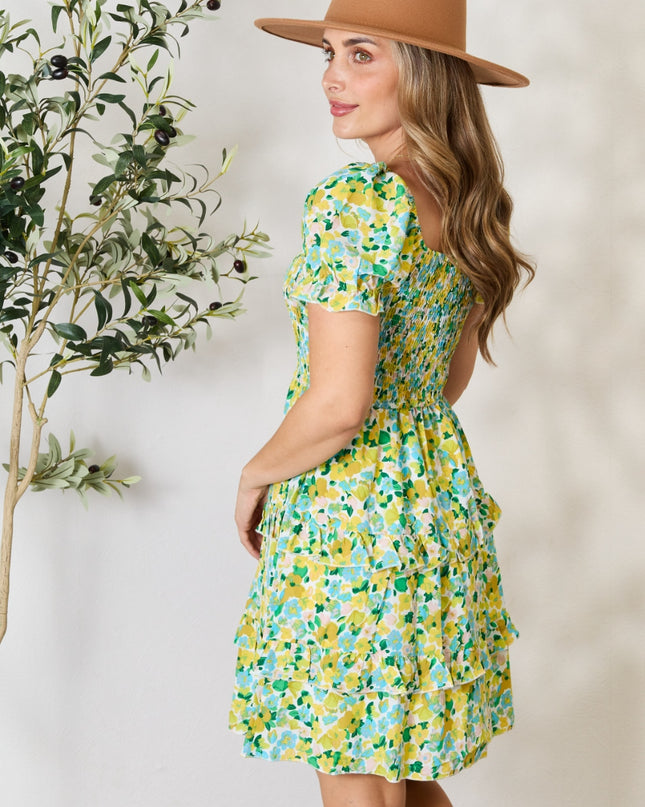 Double Take Smocked Scoop Neck Flounce Sleeve Mini Dress