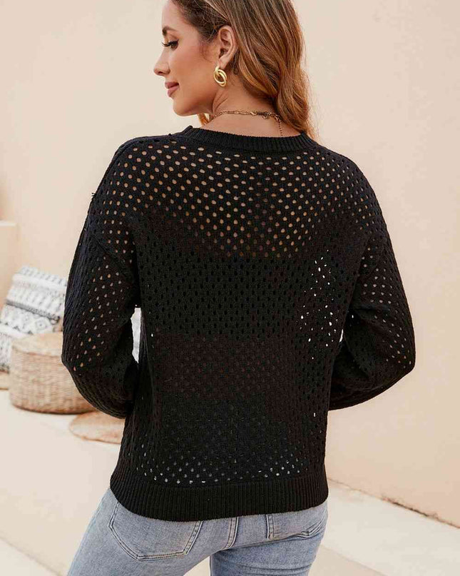 Round Neck Openwork Dropped Shoulder Knit Top