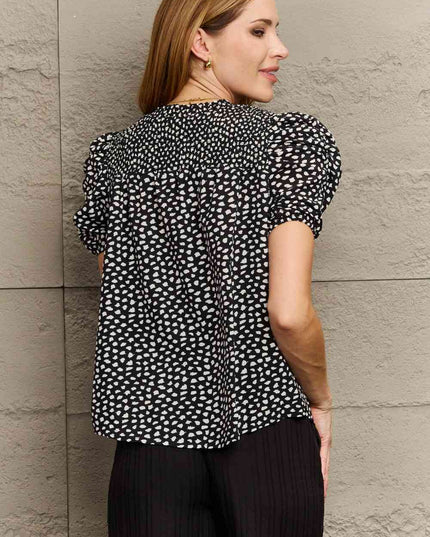 Printed Round Neck Puff Sleeve Blouse