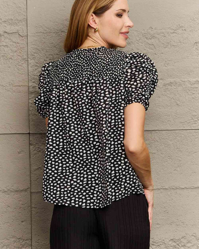 Printed Round Neck Puff Sleeve Blouse