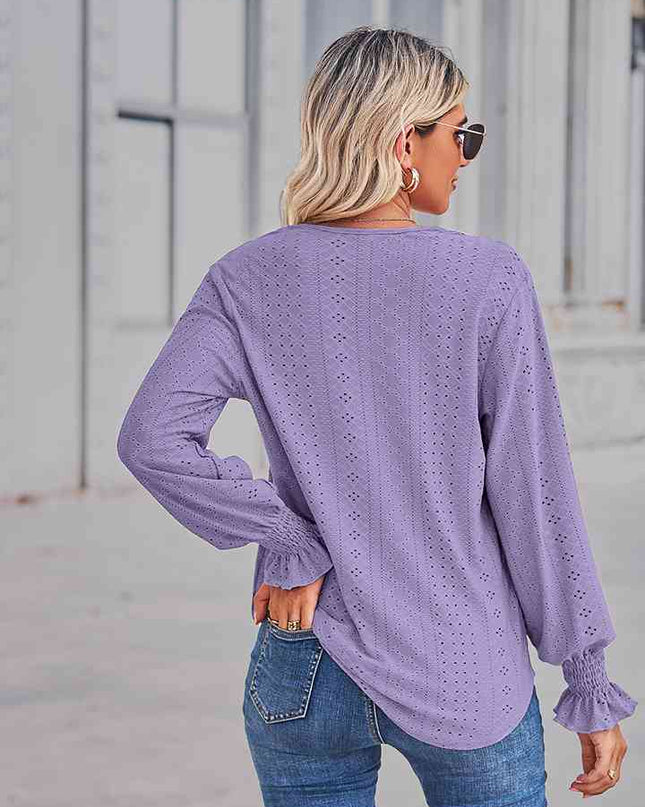 V-Neck Eyelet Flounce Sleeve Blouse