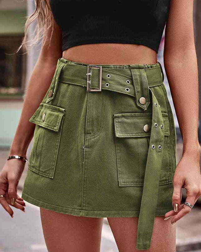 High Waist Denim Cargo Shorts