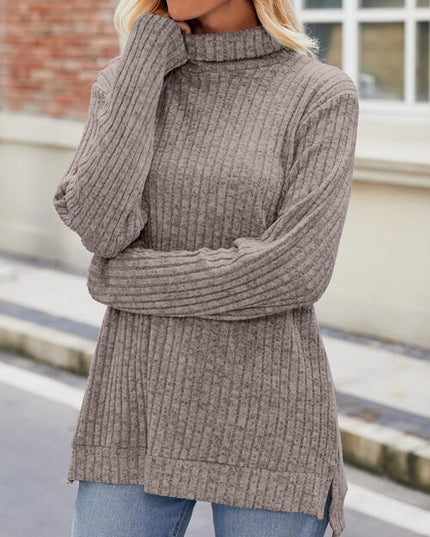 Ribbed Turtleneck Long Sleeve Slit Knit Top