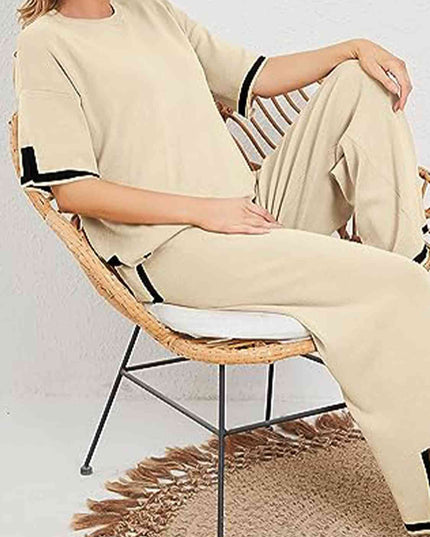 Contrast High-Low Sweater and Knit Pants Set