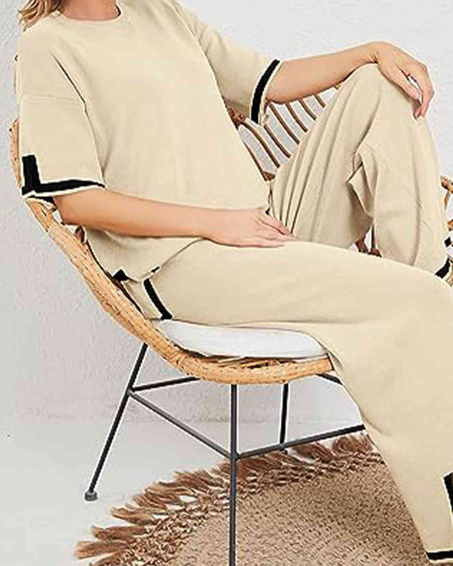 Contrast High-Low Sweater and Knit Pants Set