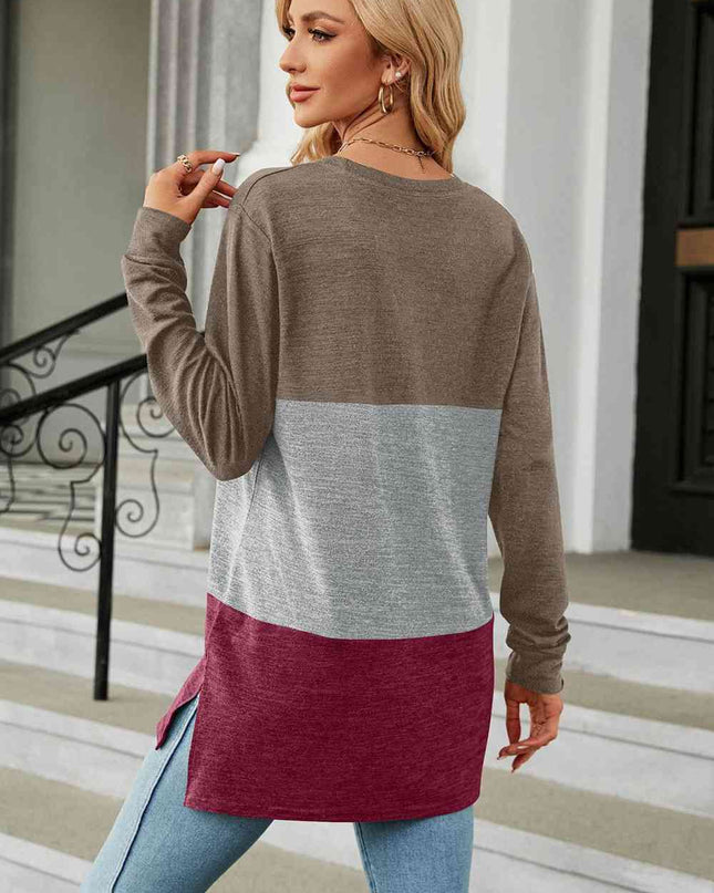 Color Block Round Neck Long Sleeve Slit T-Shirt