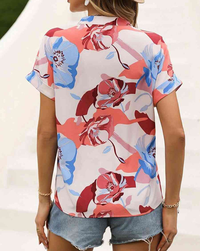 Printed Notched Neck Short Sleeve Blouse