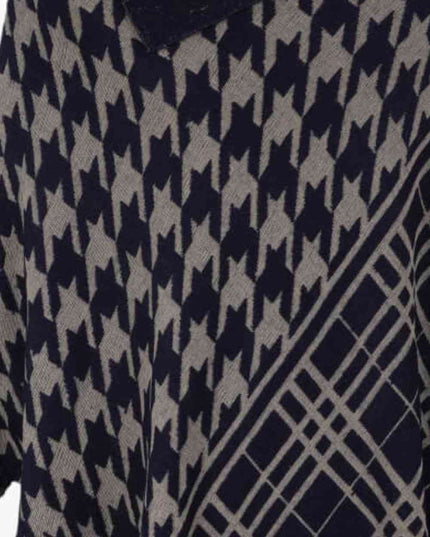 Houndstooth Turtleneck Fringe Hem Poncho