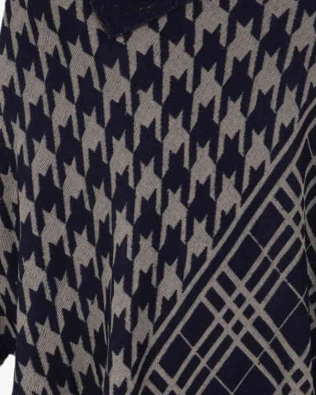 Houndstooth Turtleneck Fringe Hem Poncho
