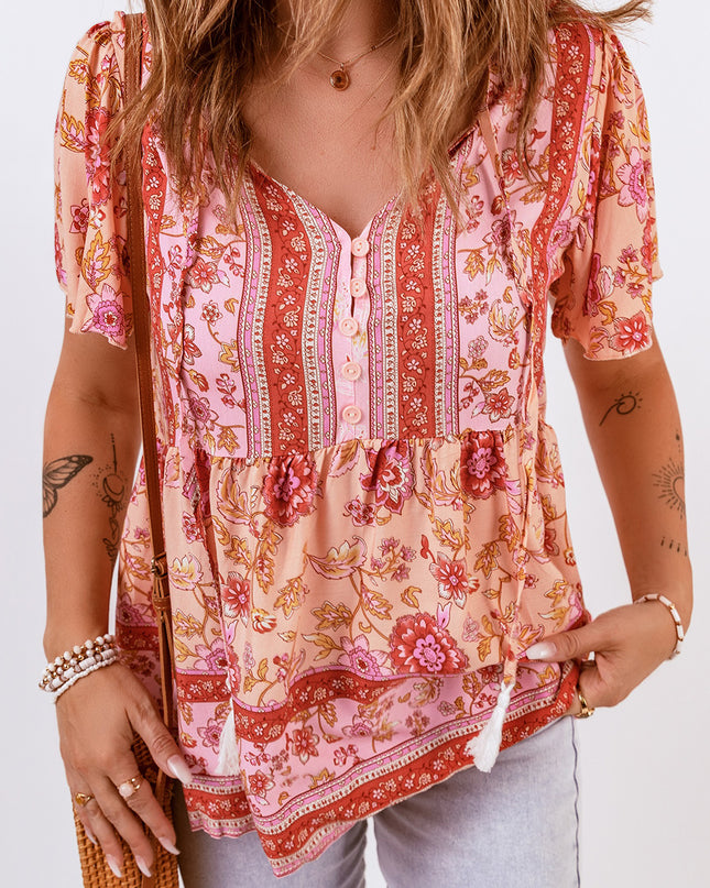 Bohemian Buttoned Short Puff Sleeve Blouse