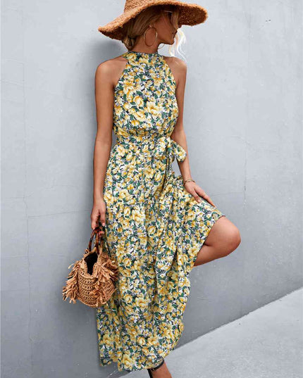 Printed Sleeveless Tie Waist Maxi Dress