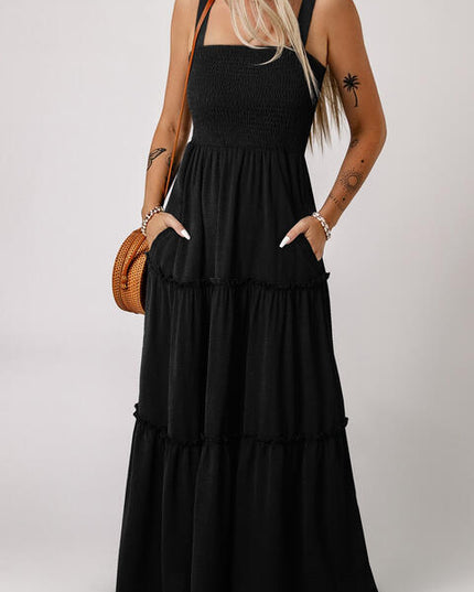 Smocked Sleeveless Square Neck Tiered Dress