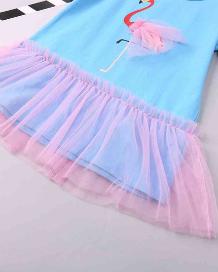 Flamingo Graphic Short Sleeve Spliced Mesh Dress