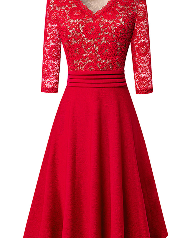V-Neck Lace Detail Knee-Length Dress