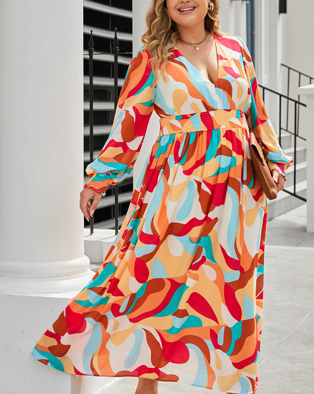 Plus Size Printed Lantern Sleeves V-Neck Dress
