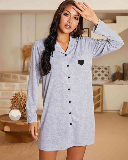 Heart Graphic Lapel Collar Long Sleeve Night Dress