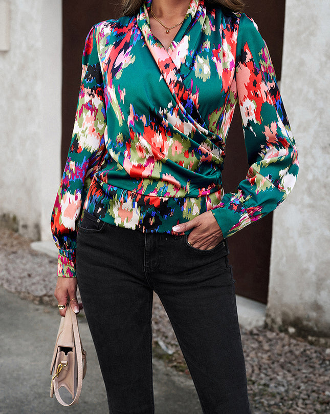 Printed Surplice Neck Long Sleeve Blouse