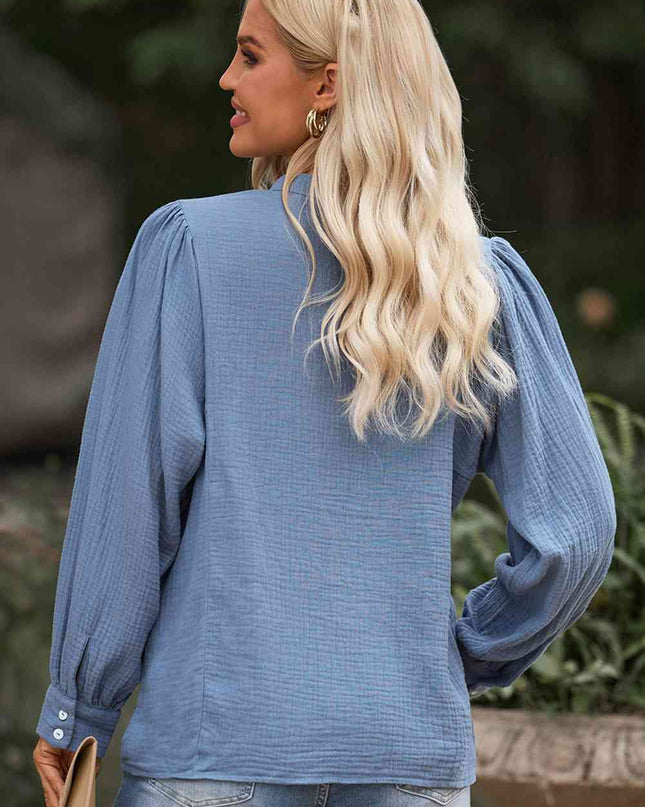 Double Take Half Button Puff Sleeve Blouse