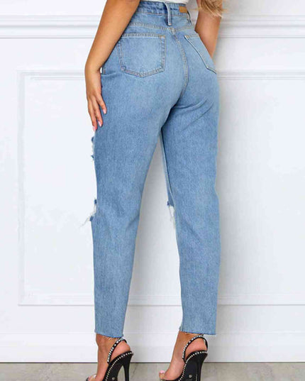 Distressed High Waist Straight Jeans