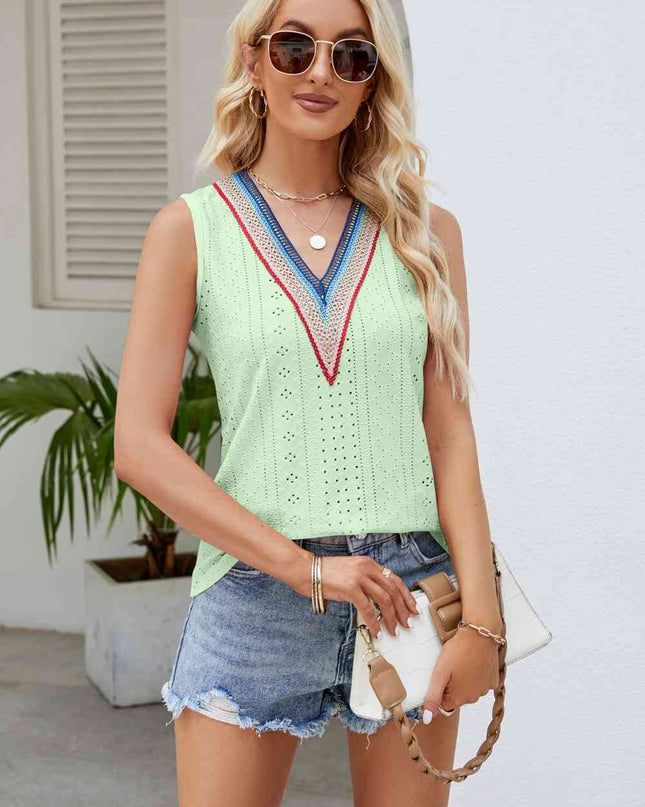 Contrast V-Neck Eyelet Tank