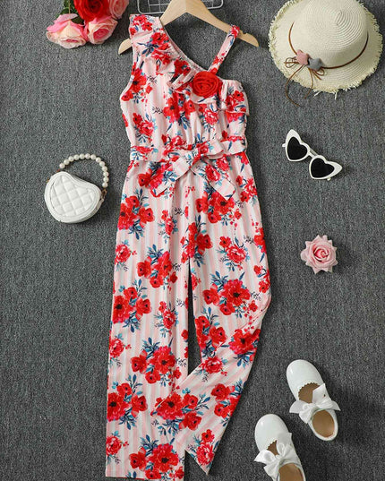 Floral Asymmetrical Neck Tie Belt Jumpsuit