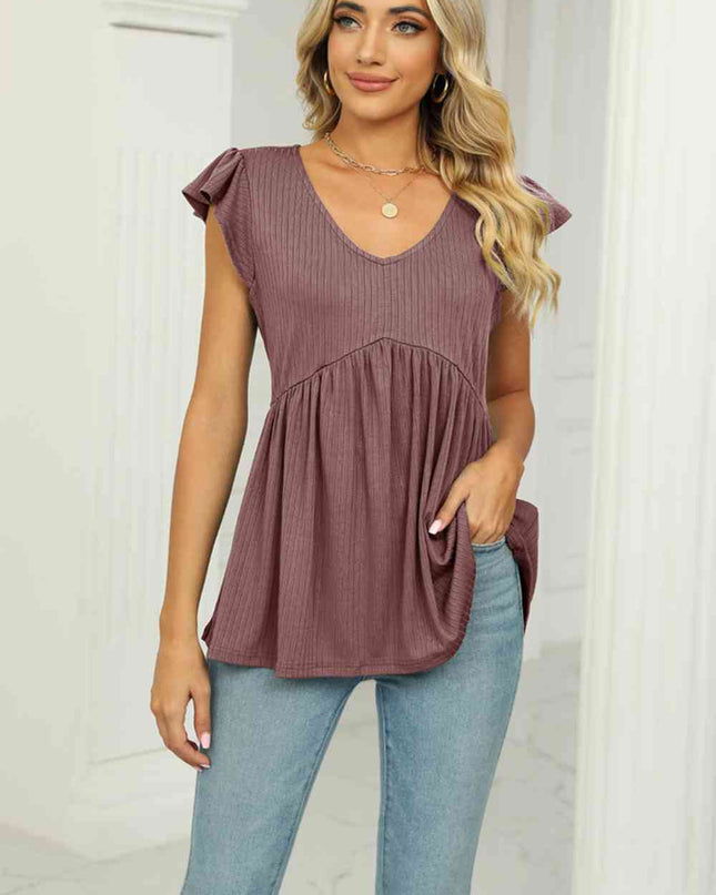 V-Neck Flutter Sleeve Babydoll Blouse