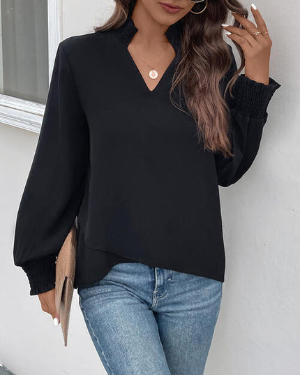 Smocked Notched Long Sleeve Blouse