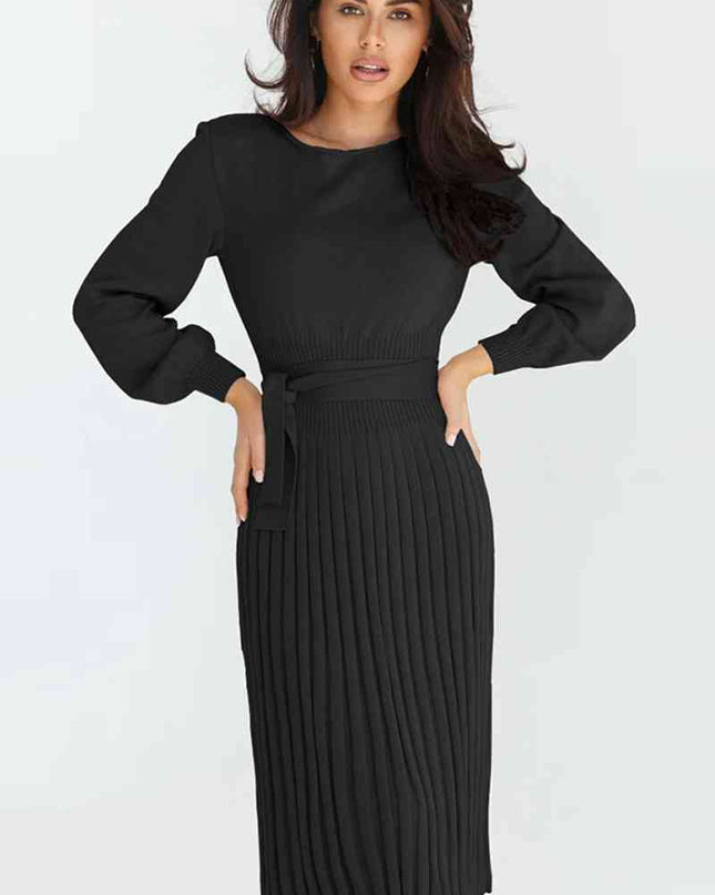 Round Neck Long Sleeve Pleated Sweater Dress