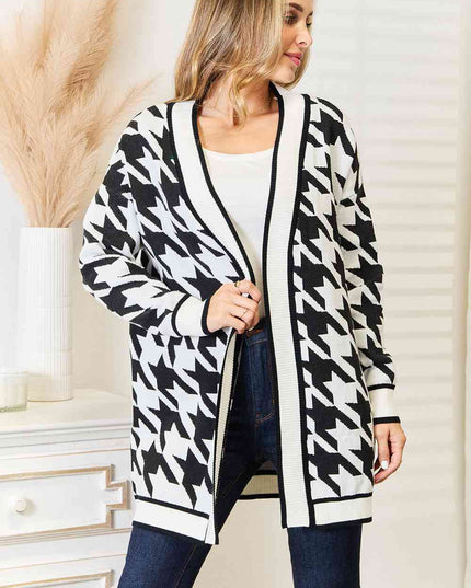 Woven Right Houndstooth Open Front Longline Cardigan