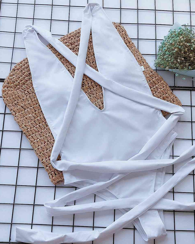 Halter Neck Deep V Tied One-Piece Swimsuit