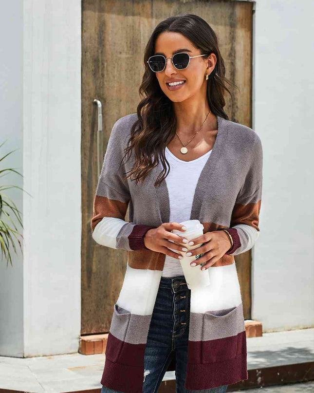 Woven Right Color Block Open Front Ribbed Cuff Cardigan with Pockets