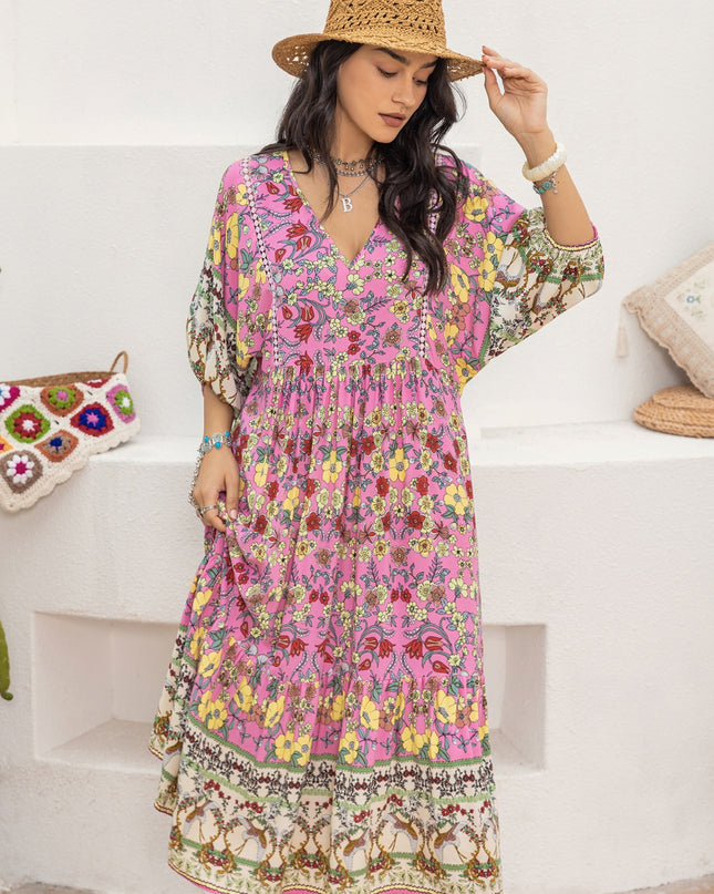 Printed V-Neck Balloon Sleeve Dress