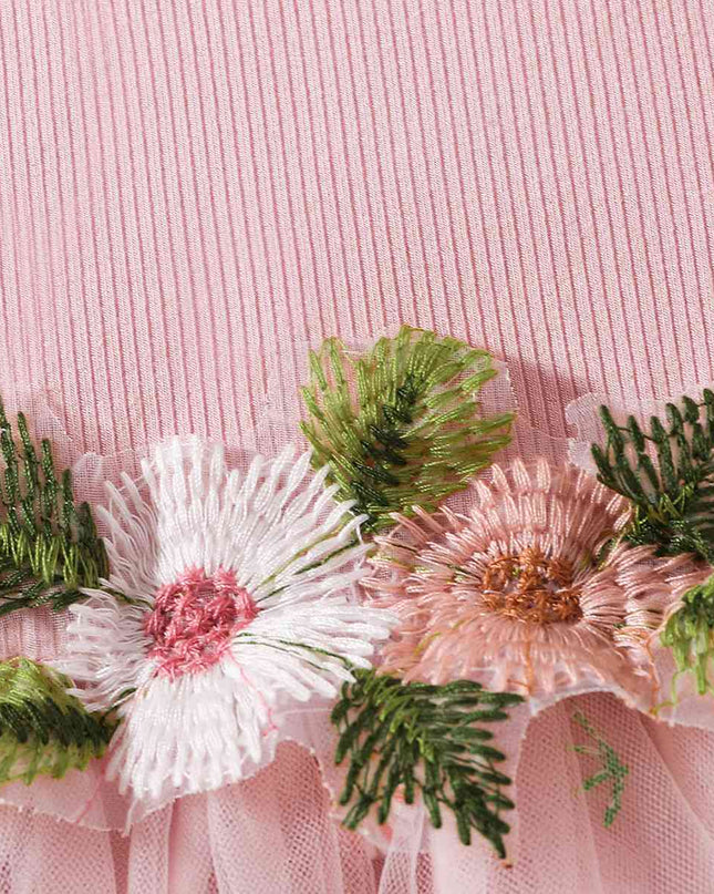 Embroidered Round Neck Flutter Sleeve Dress