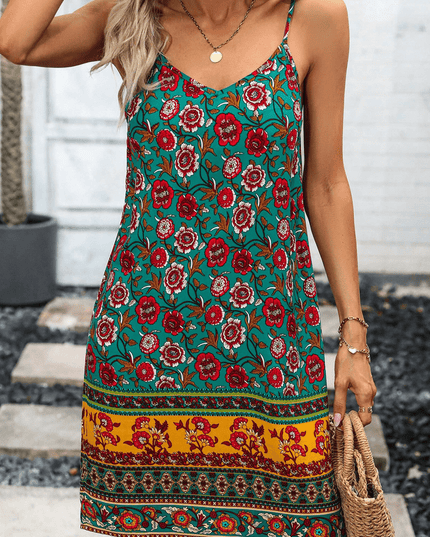 Printed Spaghetti Strap V-Neck Dress