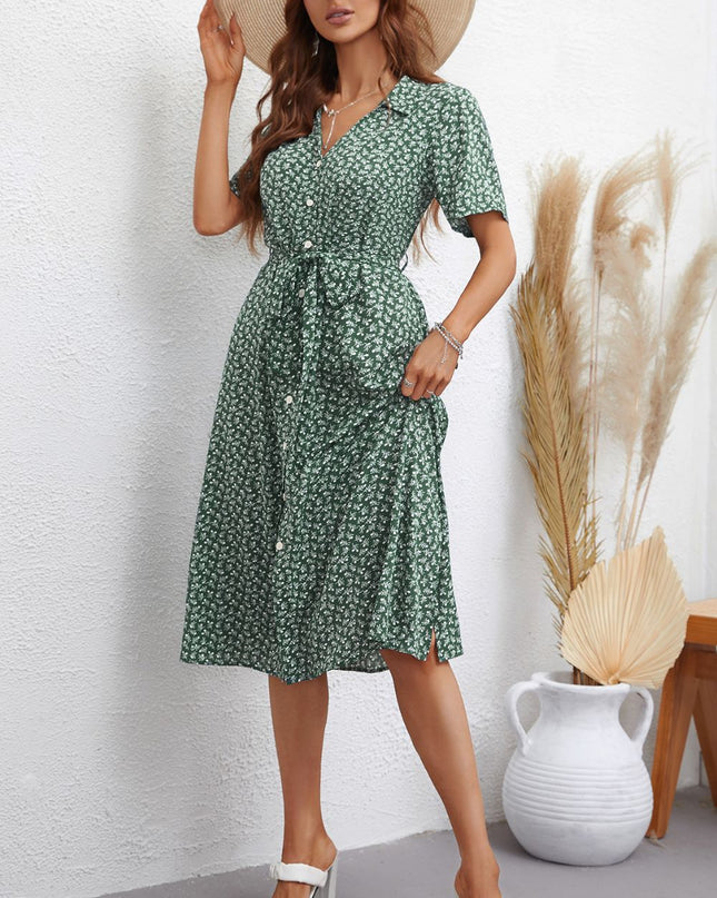 Printed Johnny Collar Tie Waist Dress