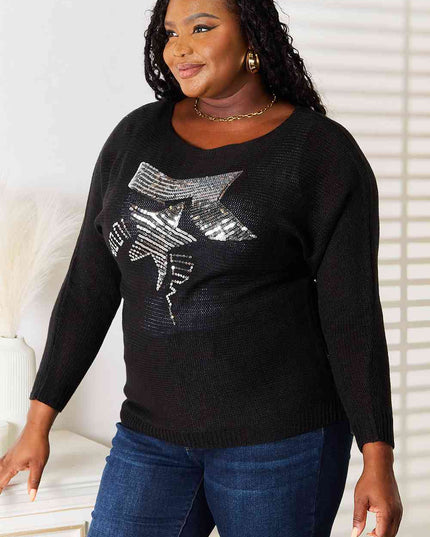 Double Take Sequin Graphic Dolman Sleeve Knit Top