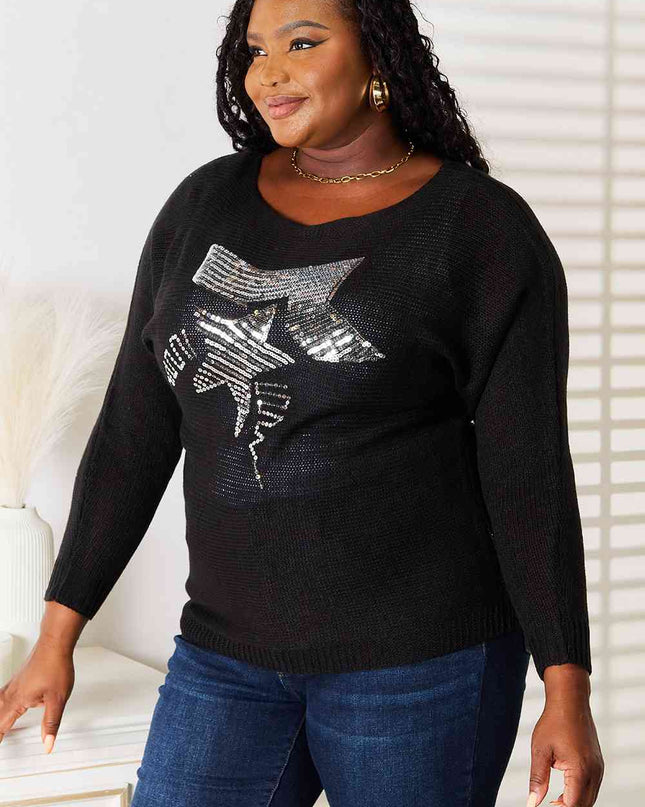 Double Take Sequin Graphic Dolman Sleeve Knit Top