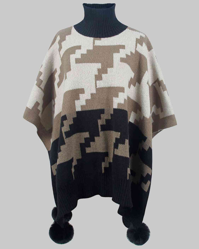Turtleneck Pom-Pom Trim Poncho