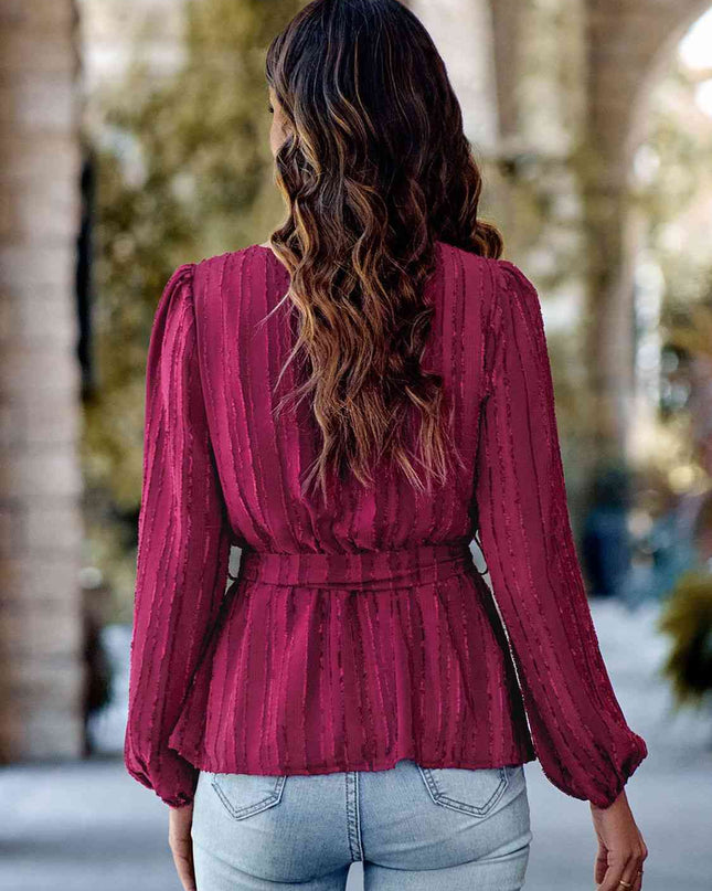 V-Neck Tie Waist Long Sleeve Blouse