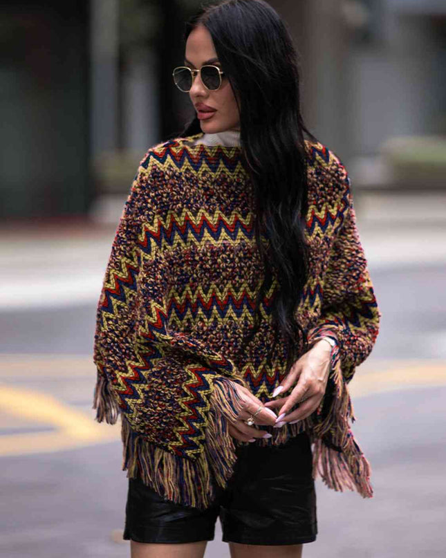 Fringe Hem Boat Neck Poncho