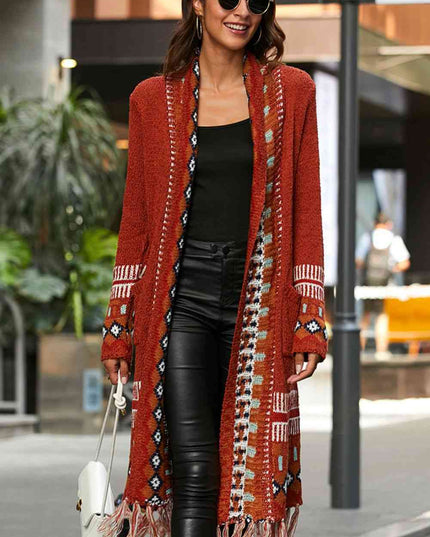 Bohemian Tassel Hem Open Front Duster Cardigan