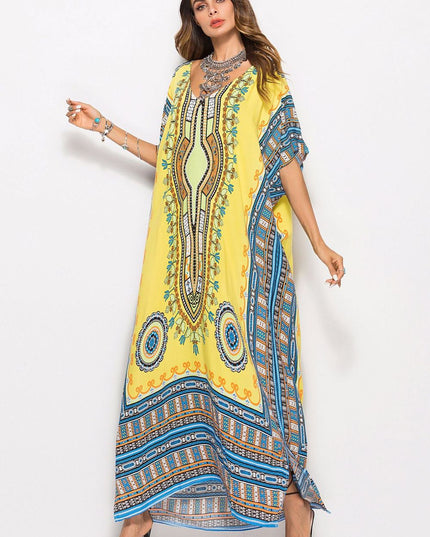 Printed V-Neck Side Slit Maxi Dress