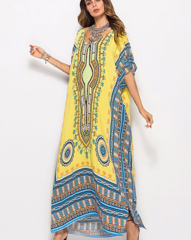 Printed V-Neck Side Slit Maxi Dress