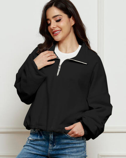 Half-Zip Collared Drop Shoulder Fleece Sweatshirt