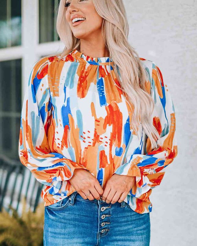 Paint Print Ruffle Collar Flounce Sleeve Top