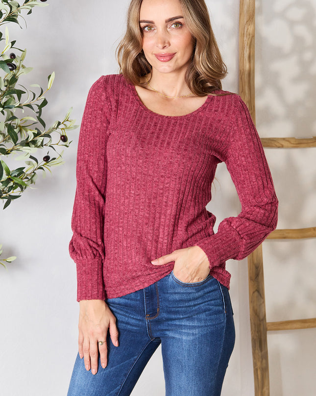 Double Take Ribbed Round Neck Lantern Sleeve Blouse
