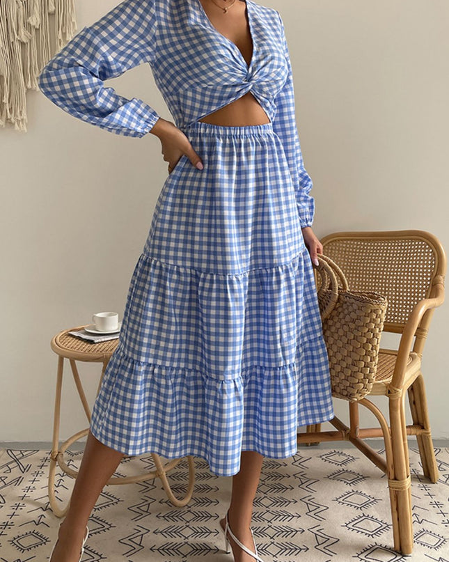 Plaid Cutout Twist Front Midi Dress